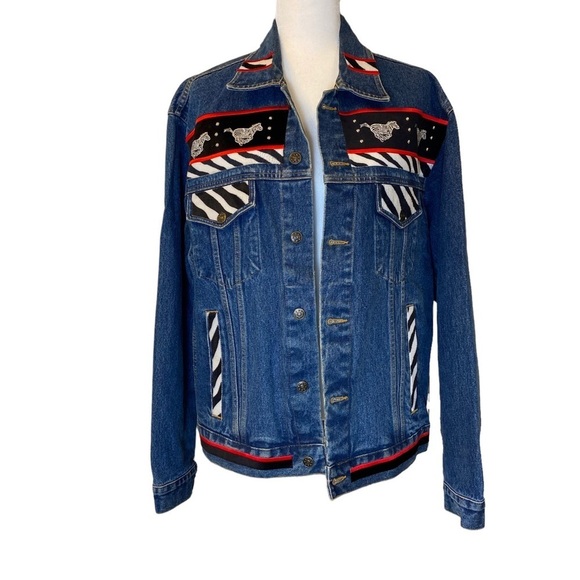 Vintage Gepetto 90s y2k‎ Running Zebras Denim Jean Jacket Ladies Large - Picture 1 of 11